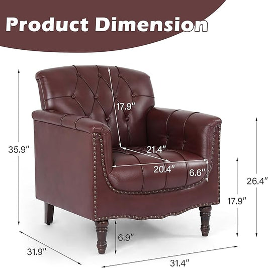 Lumibee Faux Leather Armchair, Contemporary Accent Chair with Nailhead Trims & Wood Legs for Living Room, Upholstered Comfy Arm Chair for Office,Bedroom-Dark Red