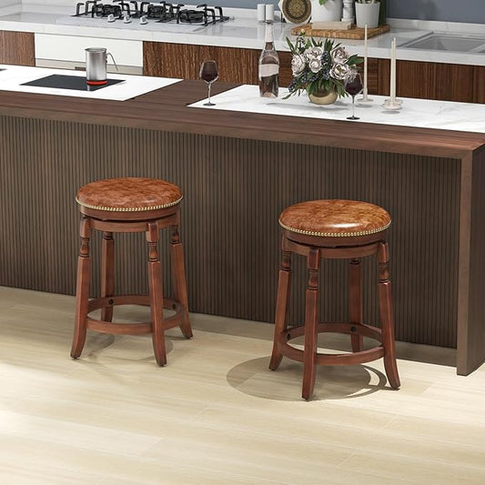 COSTWAY Round Swivel Wooden Bar Stools Set of 2, 24-inch Upholstered Backless PU Leather Farmhouse Counter Chairs with Footrest, Decorative Rivets for Kitchen Island, Dining Room, Walnut