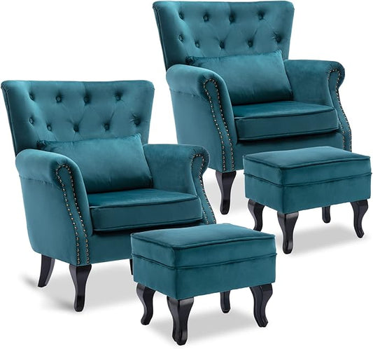 Accent Reading Arm Chairs with Ottoman Set of 2 for Living Room Bedroom, Midcentury Modern Corner Sofa Chair, Wingback Waiting Room Club Chair with Tufted Back &Lumbar Pillow, Velvet Teal
