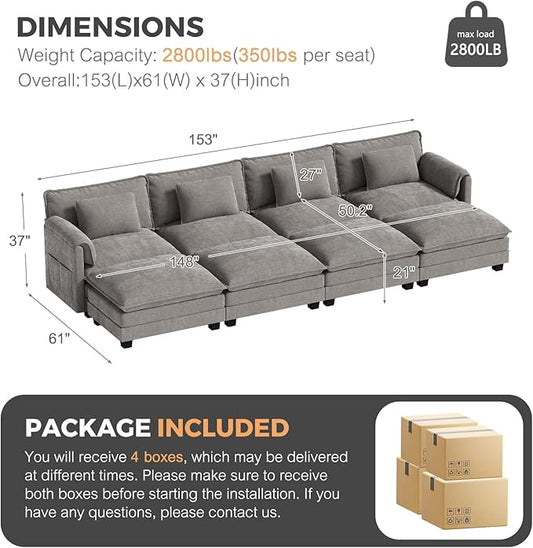 ELUCHANG Oversized 153" Modular Sectional Sofa, Comfy Deep Seat Cloud Couch, Sleeper Sofa Bed, 8 Seat Modern Couch with Removable Cover for Living Room, Apartment, DIY Combination, Chenille Light Grey