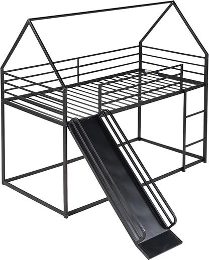 Bunk Bed with Slide for Kids,Bunk Bed Twin Over Twin, Metal Junior House Low Bunk Bed, Toddler Floor Bunk Beds Frame with Guardrail for Kids, Convertible Slide and Ladder Noise Free(New Black)