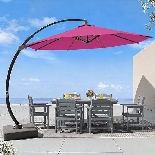 7 Piece Patio Dining Set with 11ft Patio Umbrella (Rose Pink), 7 Gray Outdoor HDPE Dining Set with 6 Chairs + 1 Large Table, for Market, Pool, Garden, Backyard, Deck