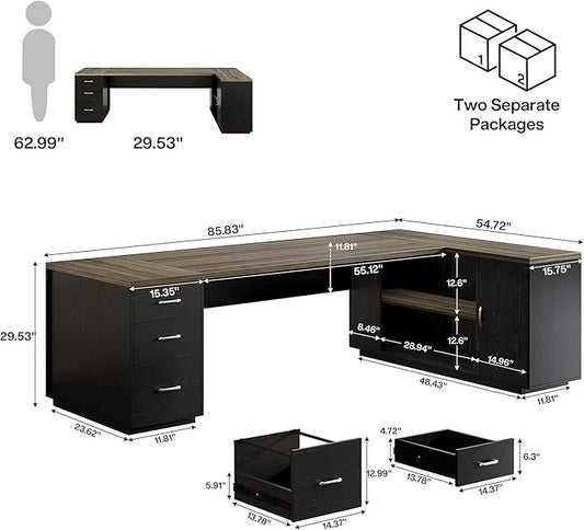 Tribesigns 85.8-Inch L-Shaped Executive Desk with File Drawers, Door Cabinet & Shelves, Extra Large Commercial Office Desk, Modern Professional Office Table Business Furniture, Grey & Black