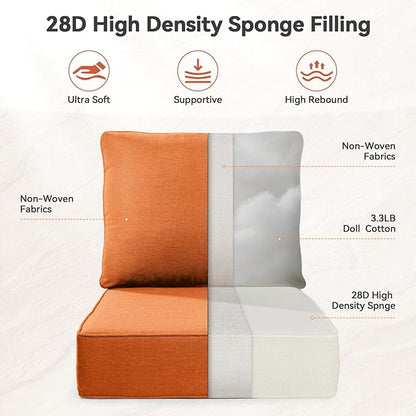 Luxury 6" Outdoor Cushions for Patio Furniture, 24x24x6" Thick Seat Cushion Set of 8, Fade Resistant Couch Chair Replacement Cushions High Density Deep Wicker Chair Cushion w/ Removable Cover, Orange