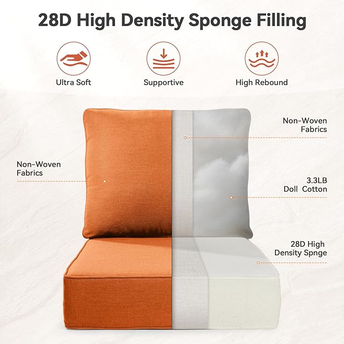 Luxury 6" Outdoor Cushions for Patio Furniture, 24x24x6" Thick Seat Cushion Set of 7, Fade Resistant Couch Chair Replacement Cushions High Density Deep Wicker Chair Cushion w/ Removable Cover, Orange