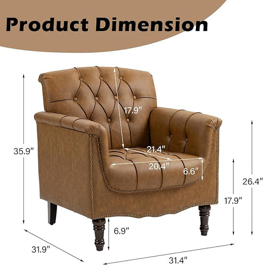 Faux Leather Accent Chairs Set of 4, Upholstered Armchairs with Nailhead Trims & Wood Legs for Living Room, Bedroom, Contemporary Comfy Club Chairs for Office-Camel