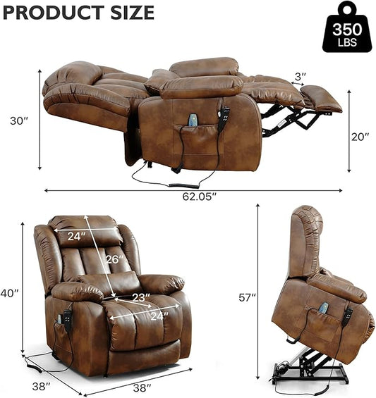 EDILLY Extra Large Power Lift Recliner Chairs for Elderly,Infinite Position Lay Flat Dual Motor Recliners Chair,with Heating and Massage, Breathable Leather,USB Ports and Remote Control(Orche)
