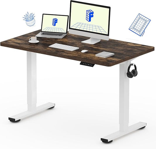 FLEXISPOT EN1 One-Piece Standing Desk, 48x24 Electric Sit Stand Desk for Home Office and Computer Workstation (White Frame + Rustic Top, 2 Packages)