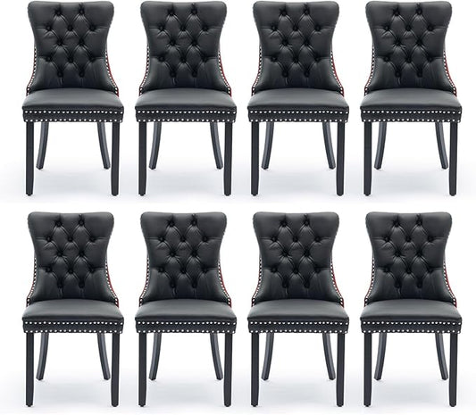 Leather Upholstered Dining Chairs Set of 8, Modern Style Kitchen Side Chairs with Nailhead Trim and Wood Leg, Metal Pulling Ring for Dining Room Living Room(Black&Wine Red)