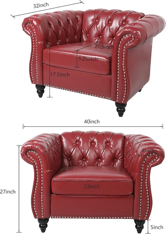 LEVNARY Leather Upholstered Armchair, Mid-Century Modern Single Sofa Chair with Rolled Arms and Nailhead, Tufted Pu Leather Chesterfield Chair for Home Bedroom Reading Room (Wine Red)