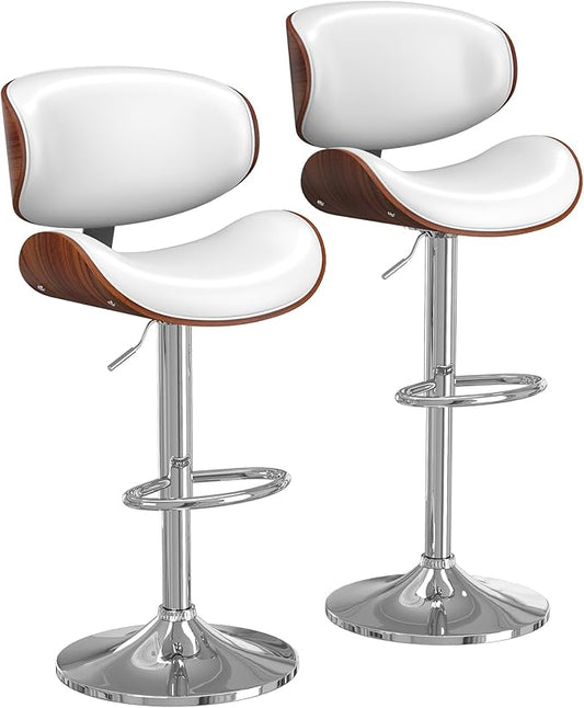 Bar Stools Set of 2, Bar Stools for Kitchen Island with Bentwood Back and Leather Seat, Swivel Barstools for Kitchen Counter, Bar, White