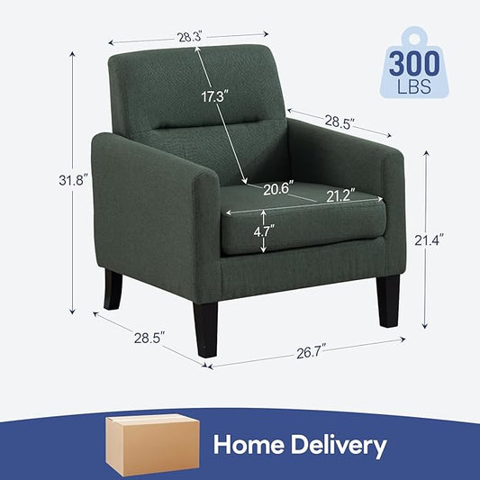 Accent Chair, Mid Century Modern Living Room Chairs Comfy Reading Chair with Upholstered Cushion Relax Armchair for Bedroom Apartment,Office, Green