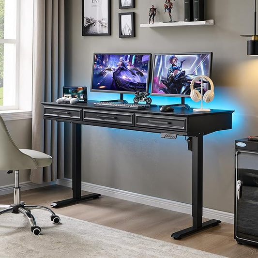 55x22 Inch Electric Standing Desk with One-Piece Desktop, Adjustable Height Computer Desk with 3 Storage Drawers & Power Outlets, Sit to Stand Up, Gaming Table for Home Office and Study, Black