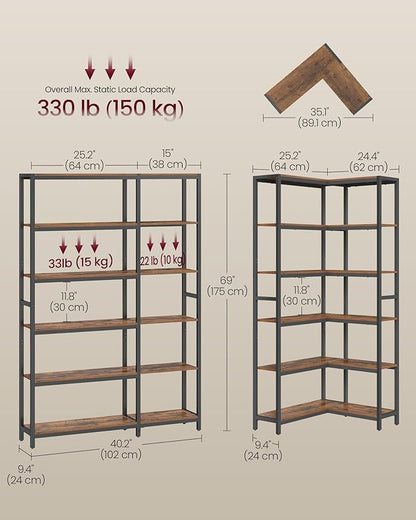 VASAGLE 6 Tier Bookshelf with Metal Frame, Convertible Industrial Corner Shelf, 9.4 x 40.2 x 69 Inches, for Living Room, Bedroom, Home Office, Rustic Brown and Ink Black ULLS606K01