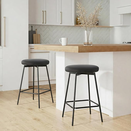 Swivel Bar Stools Set of 2, 24" Counter Height Bar Stool, Backless Barstools with Faux Leather Upholstered Seat&Sturdy Wood Legs for Kitchen Island, Black