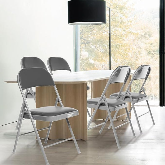 4 Pack Folding Chairs with Padded Seats, Padded Folding Chair with Steel Frame for Events Home Office, Pu Leather Folding Chair Grey