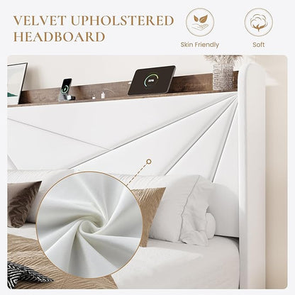 SHA CERLIN Queen Bed Frame with 3 Drawers, USB & Type-C Charging Ports, Velvet Upholstered Platform Bed with Modern Geometric Wingback Storage Headboard, No Box Spring Needed, Easy Assembly, White