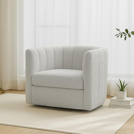CHERS Rivet Mid-Century Modern Swivel Armchair, Bouclé Fabric Channel-Tufted Accent Chair, 360-Degree Rotating Lounge Chair with Ergonomic Design for Living Room, Bedroom, Home Theater, Light Gray