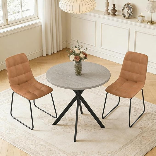 31.5" Round Dining Table Chairs Set for 2, Small Dining Table Chairs Set Space-Saving, Small Dinette Sets for 2 for Kitchen Dining Room Apartment(Gray Table +Brown Chairs)