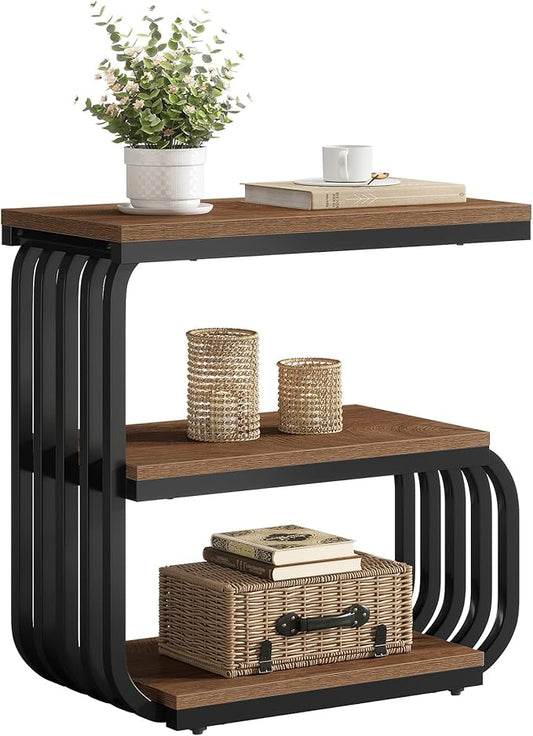 Tribesigns Small End Table, Narrow Side or Bedside Stand, 3 Tier Design Accent Table with Metal Frame, Industrial Vintage Nightstand for Living Room, or Small Spaces (1, Brown)