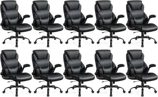 Brage Living 400LBS Big and Tall Office Chair, Leather Executive Desk Chair with Padded Flip-up Arms, Heavy Duty Swivel Rolling Computer Chair for Home Office, Black, Set of 10