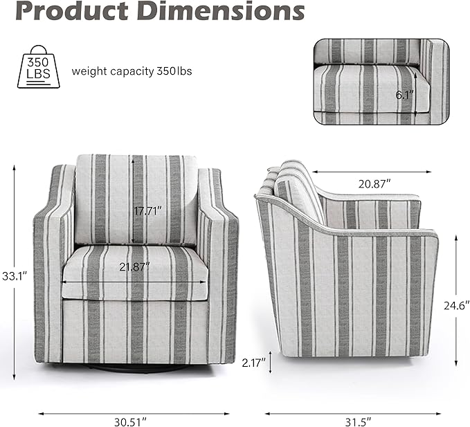 UIXE Swivel Accent Chair, Fabric Upholstered Arm Chair for Living Room, Modern Club Armchair Comfy Single Sofa Bedroom Reading Seat with Lumbar Pillow - Stripe Gray