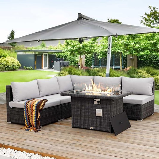 Nicesoul 6 Piece L Shaped Outdoor Patio Set with Firepit Table Natural Gas & Propane Convertible, 29.3'' High-Back Rattan Sectional Sofa, All Weather Deep Seats XL Large Conversation for Outside, Grey