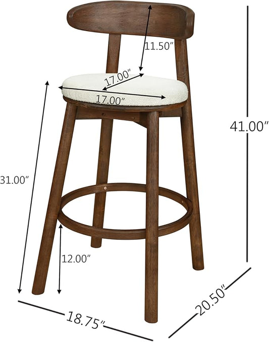 Christopher Knight Home Soley Modern Counter Height Bar Stools Set of 2, Boucle Fabric Round Stool Chair for Kitchen Island, Upholstered Counter Stool with Footrest and Backrest, Walnut+Beige