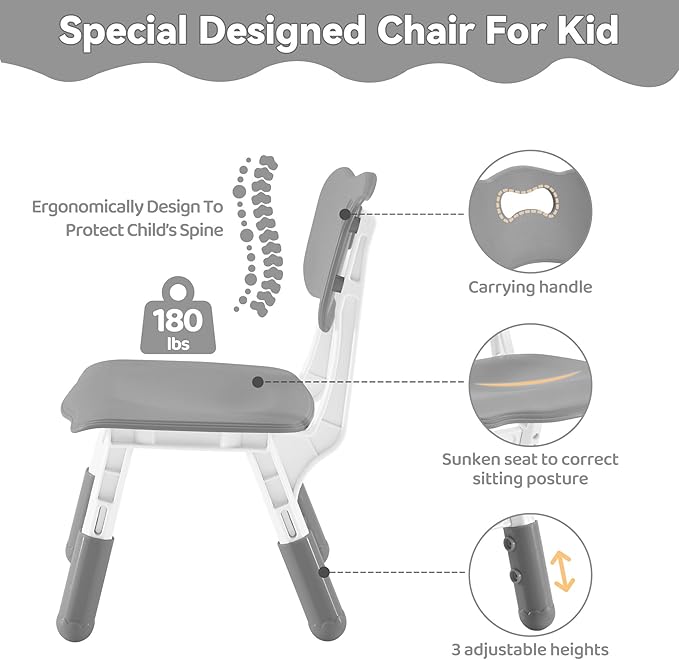 Kids Study Table and Chairs Set, Height Adjustable Toddler Table and Chair Set for Kids Ages 3-8, 31.5" L x 23.6" W Graffiti Desktop Plastic Children Art Table with 4 Seats, Grey