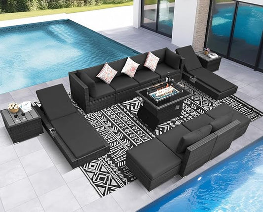 NICESOUL 13 Piece Outside Patio Set with Firepit Table, Luxury Full Size Outdoor Sectional Sofas with Pool Loungers, Oversized 29.3" Highback Wide Deep Backyard Fire Pit Seating for 10, Dark Grey