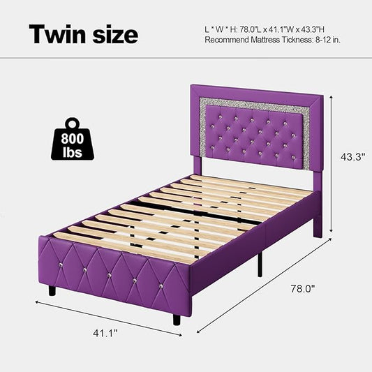 BarnFurin Twin Bed Frame with Headboard, Upholstered Bed with Diamond Tufted Design, No Box Spring Needed, Wooden Slats Support, Easy Assembly, Purple