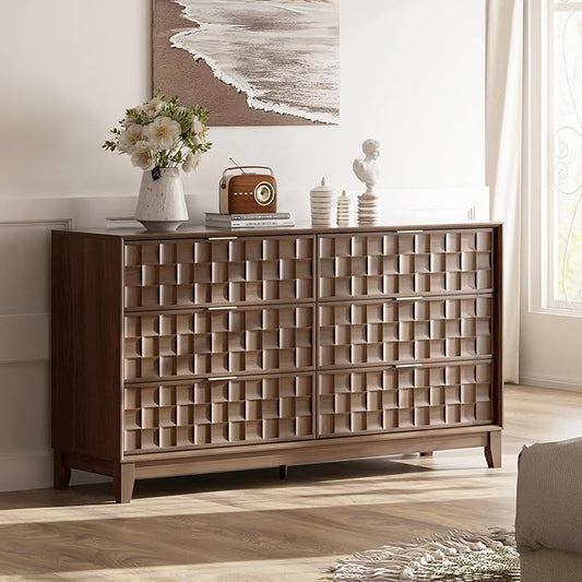 COLAMY Fluted Dresser for Bedroom, 6 Drawer Wood Dresser 55”, Chest of Drawers with Large Storage, Metal Handles, Modern TV Stand for Living Room, Hallway, Walnut