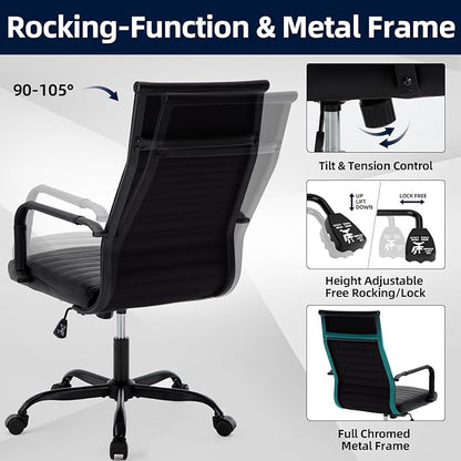 Conference Room Chairs, Ergonomic Executive Office Chair, Ribbed Leather Desk Chair with Lumbar Support, Adjustable Height Mid-Back Swivel Chair with Padded Seat