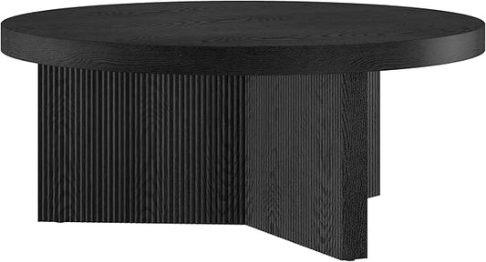 Henn&Hart 36" Fluted Round Low-Profile Coffee Table with Ribbed Pedestal Base for Living Room, Family Room, or Office, Black Grain