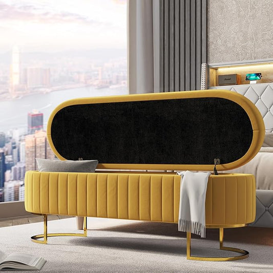 EcoHarbor Living 55.5" Storage Bench Ottoman End of Bed Bench Bedroom Bench, Upholstered Velvet Long Window Bench Large King Size with Gold Legs, Flipping Lid Entryway Footrest