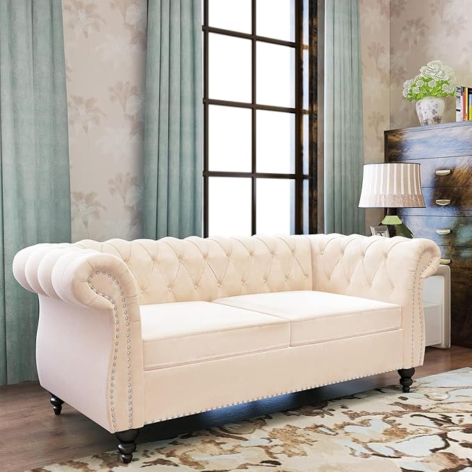 Chesterfield 3 Seater Sofa, Modern Velvet Tufted Couch 3 Seater with Rolled Arms and Nailhead Mid-Century Upholstered Couch for Living Room, Bedroom, Apartment and Office, Beige