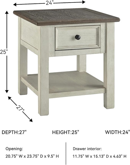 Signature Design by Ashley Bolanburg Farmhouse Rectangular End Table, Plank Style Top, Drawer, Wood, 24" W x 27" D x 25" H, 2-tone Finish, Antique Cream