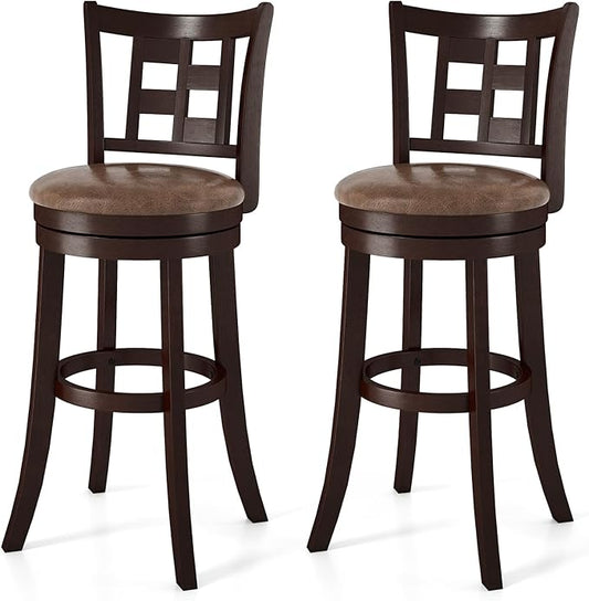 COSTWAY Set of 2 Bar Stools, 30” Swivel Bar Chairs with Footrest, Rubber Wood Frame & Lattice Backrest, Leathaire Bar Height Stools for Kitchen Island (2, 30”)