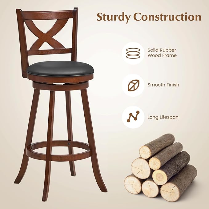COSTWAY Bar Stools Set of 2, 30 Inch Classic Bar Height Chairs with X-Shaped Open Back, 2 PCS Swivel Barstool Set for Kitchen Island, Pub, Bistro, Café, Espresso (2, 30 Inch)