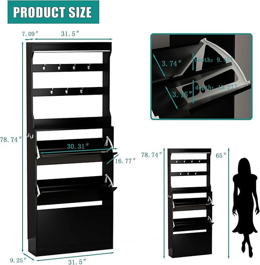 Shoe Cabinet for Entryway with 3 Flip Drawers, Black Tall Wood Shoe Storage Cabinet with Coat Rack, Narrow Hidden Slim Freestanding Shoe Rack Organizer, 2 in 1 Hall Tree for Living Room, Hallway