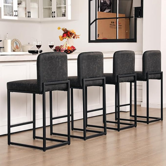 ALPHA HOME 24 Inch Bar Stools, Kitchen Counter Stools with Backs, Black Bar Stools Set of 4, PU Leather Barstools, Kitchen Stools with Back&Upholstered Footrest, Sturdy Chromed Metal Steel Frame