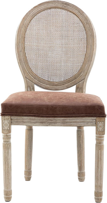 Farmhouse Leather Dining Room Chairs Set of 4 French Dining Chairs with Round Rattan Back French Bistro Chairs for Dining Room/Living Room/Kitchen/Restaurant, Brown