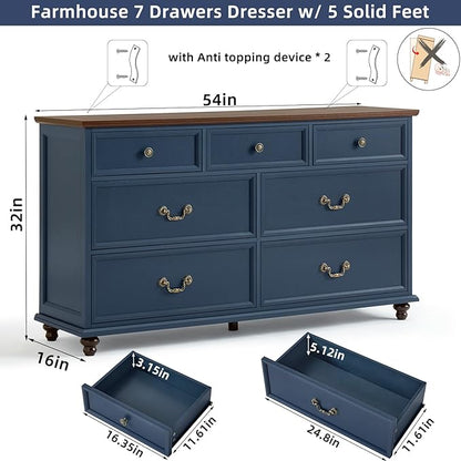 Bedroom Sets, 54" Wide 7 Drawers Dresser and 37" Tall 4 Drawers Dresser, Wooden 2 Piece Bedroom Furniture Set, Chest of Drawer for Bedroom, Home, Living Room, Hallway, Navy Blue