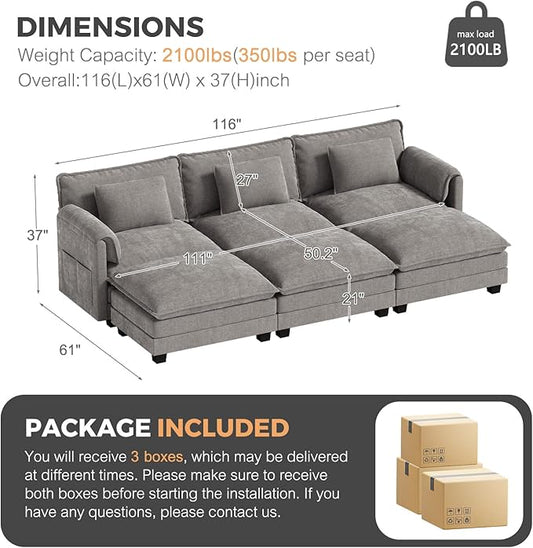 ELUCHANG 116" Luxury Modular Sectional Sofa, Comfy Deep Seat Cloud Couch, Sleeper Sofa Bed, 6 Seat Modern Couch with Removable Cover for Living Room, Apartment, DIY Combination, Chenille Light Grey