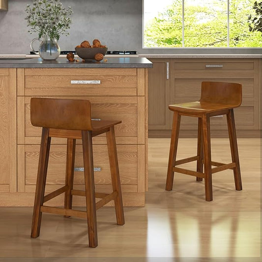 COSTWAY Solid Wood Bar Stools Set of 2, 24.5-inch Counter Height Chairs with Low Back and Footrest, Farmhouse Wooden Armless barstools for Kitchen Island, Dining Room, Cafe, Breakfast, Brown
