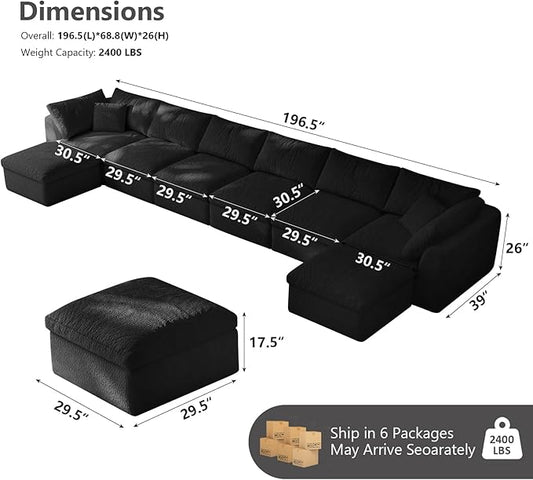 Boneless Cloud Couch Modular Sectional Sofa with Deep Seat for Living Room, L Shape Couch with Ottoman, Snowflake Cloth and 40D Memory Sponge，2 Throw Pillows (Black, 6 Seater+2 Ottoman)