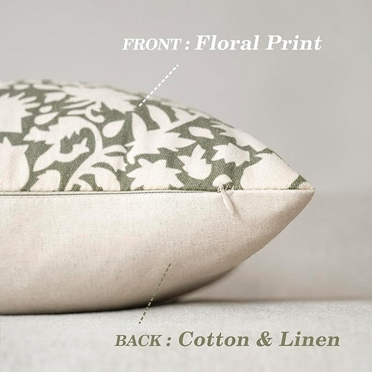 Foindtower Set of 2 Decorative Neutral Floral Throw Pillow Covers Accent Farmhouse Cushion Covers Boho Lumbar Pillowcase for Couch Sofa Bedroom Living Room Home Decor,12×20 Inch,Sage Green