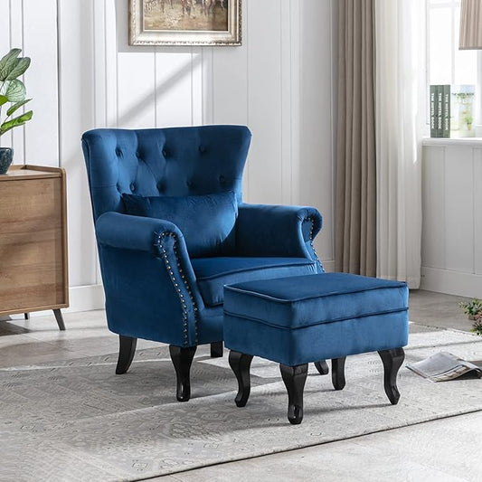 Accent Reading Arm Chairs with Ottoman Set of 2 for Living Room Bedroom, Midcentury Modern Corner Sofa Chair, Wingback Waiting Room Club Chair with Tufted Back &Lumbar Pillow, Velvet Blue