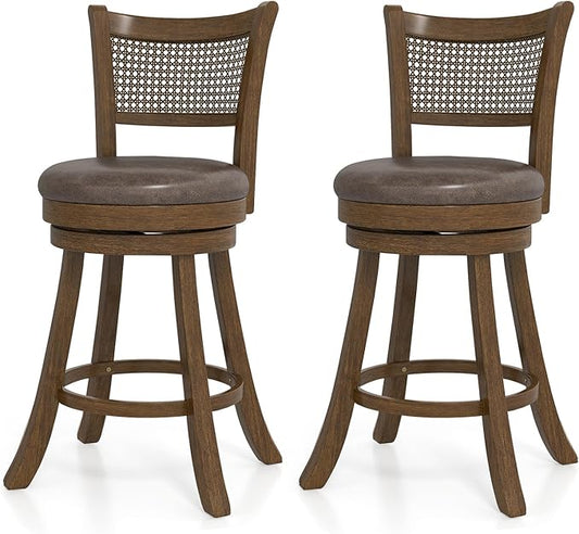 COSTWAY 25” Swivel Counter Height Barstools Set of 2, Rubber Wood Bar Stools with Rattan Backrest, Footrest, Upholstered Leathaire Armless Chairs for Kitchen Island, Pub, Brown (2, 25” Seat Height)