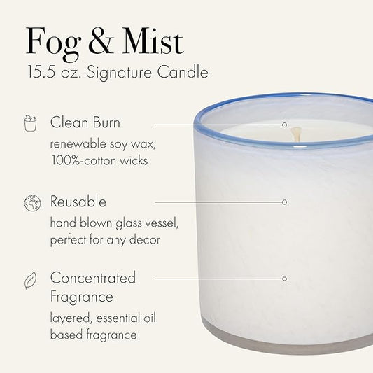LAFCO New York Signature Candle, Fog & Mist - 15.5 oz - 90-Hour Burn Time - Reusable, Hand Blown Glass Vessel - Made in the USA